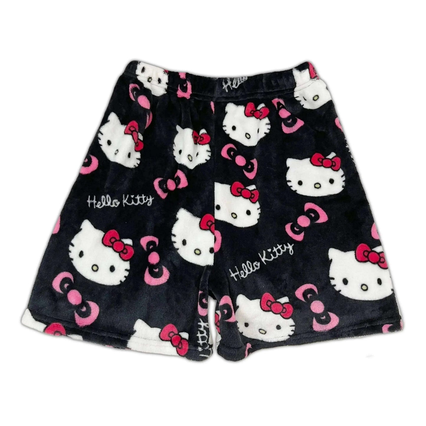 Black pajama shorts with white Hello Kitty faces and pink bow accents