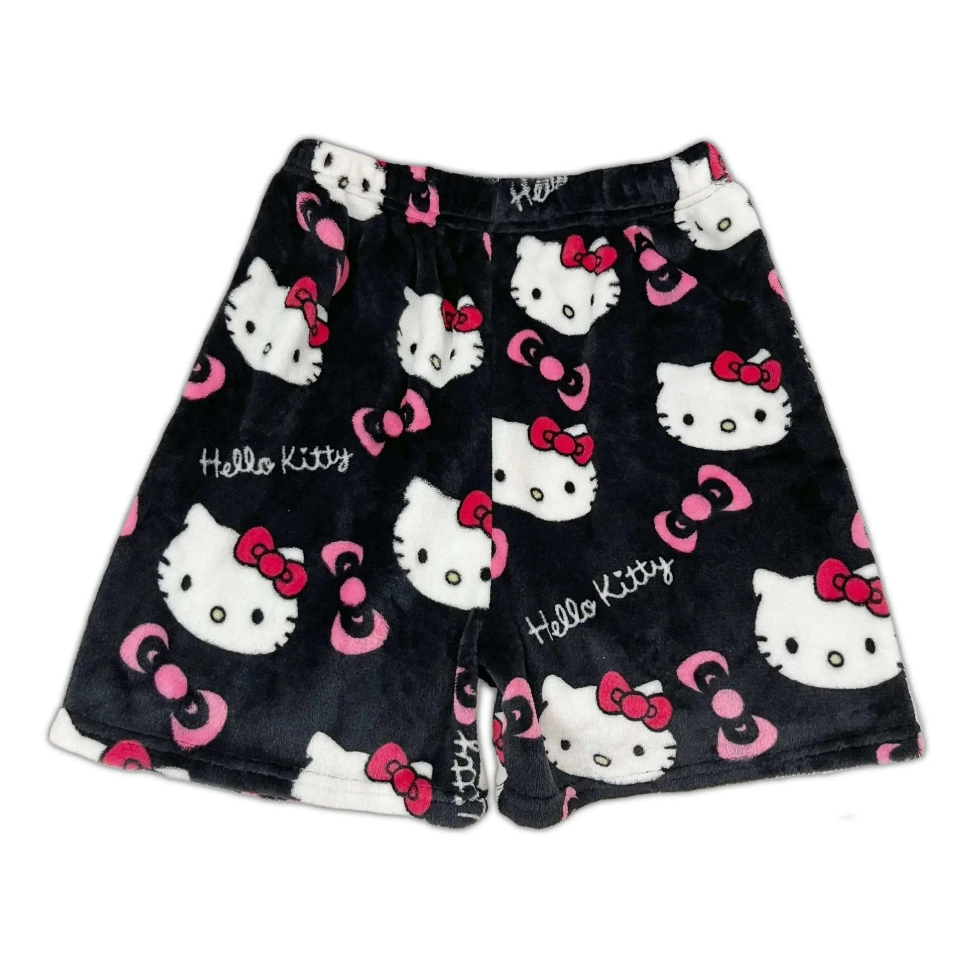 Black pajama shorts with white Hello Kitty faces and pink bow accents