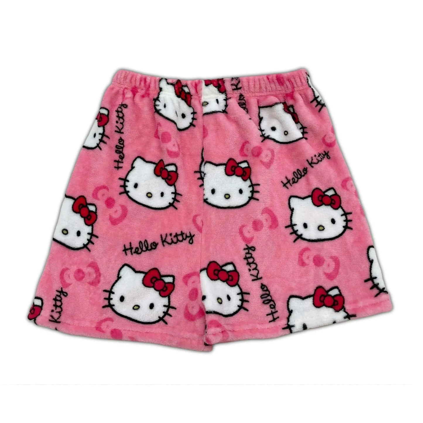 Pink pajama shorts with Hello Kitty cat faces and red bow details all over