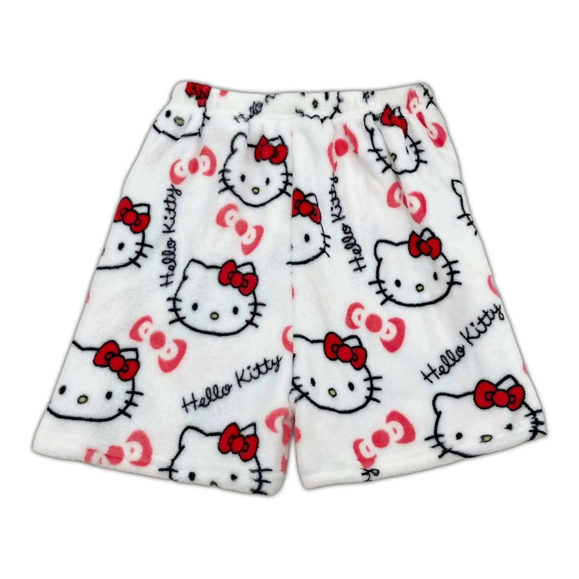 Hello Kitty pajama shorts in white with red bows and cartoon cat faces all over