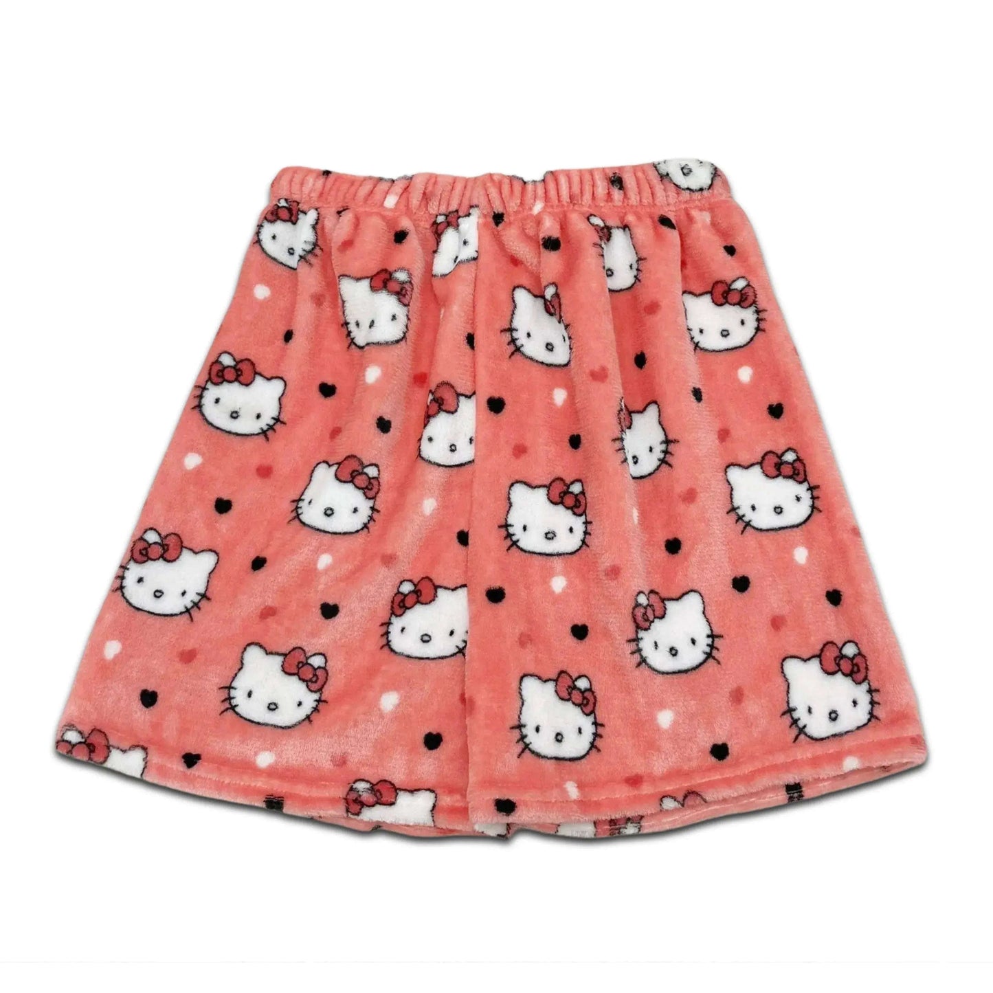 Coral pink pajama shorts with Hello Kitty faces and small black dot accents