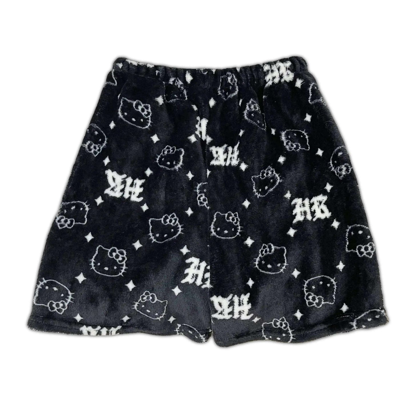 Dark pajama shorts with small white Hello Kitty and star icons pattern