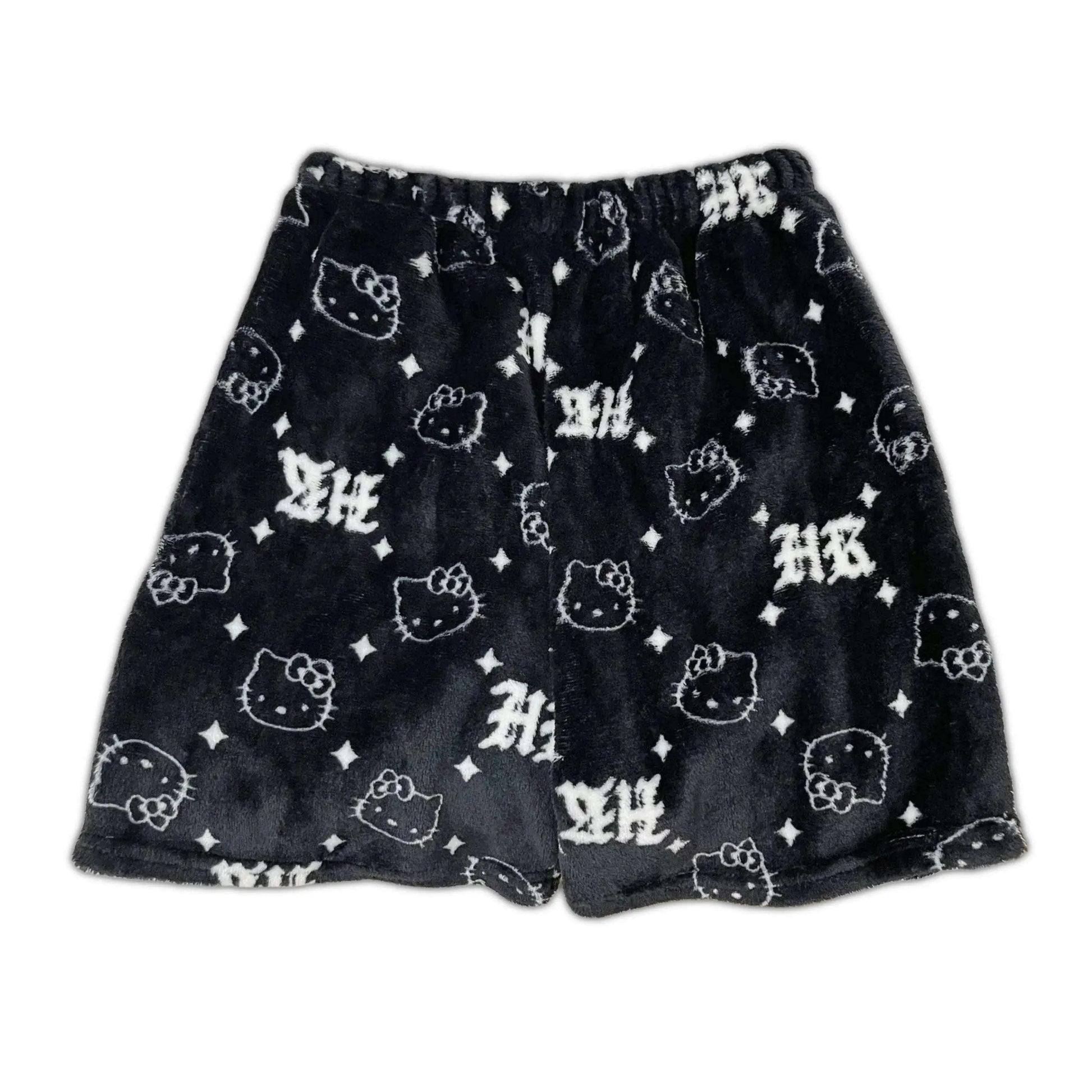Dark pajama shorts with small white Hello Kitty and star icons pattern