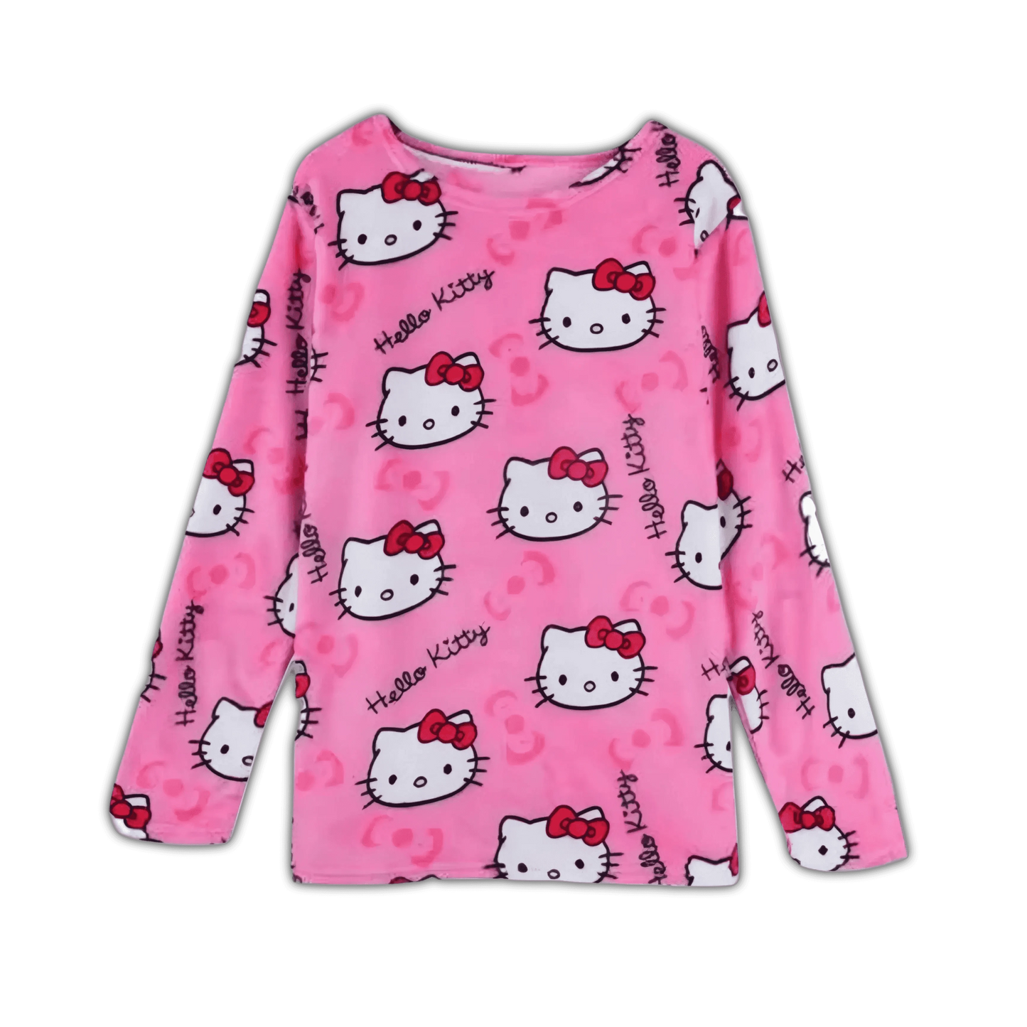 Pink crew-neck long-sleeve pajama top with Hello Kitty faces and red bow pattern