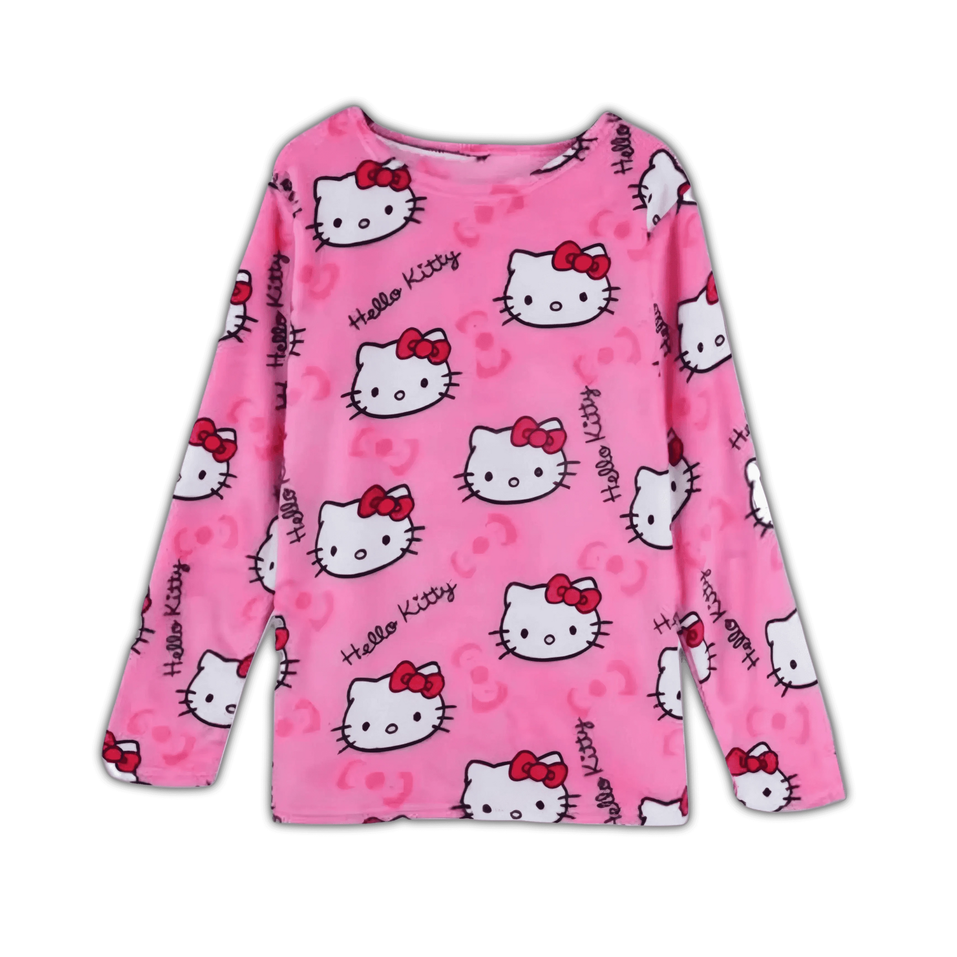 Pink crew-neck long-sleeve pajama top with Hello Kitty faces and red bow pattern