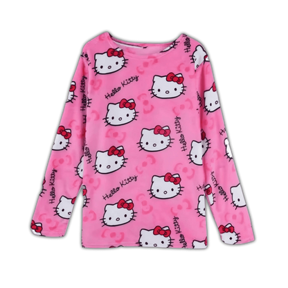 Pink crew-neck long-sleeve pajama top with Hello Kitty faces and red bow pattern
