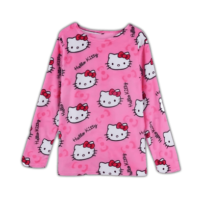 Pink long-sleeve pajama top with Hello Kitty faces and red bow accents