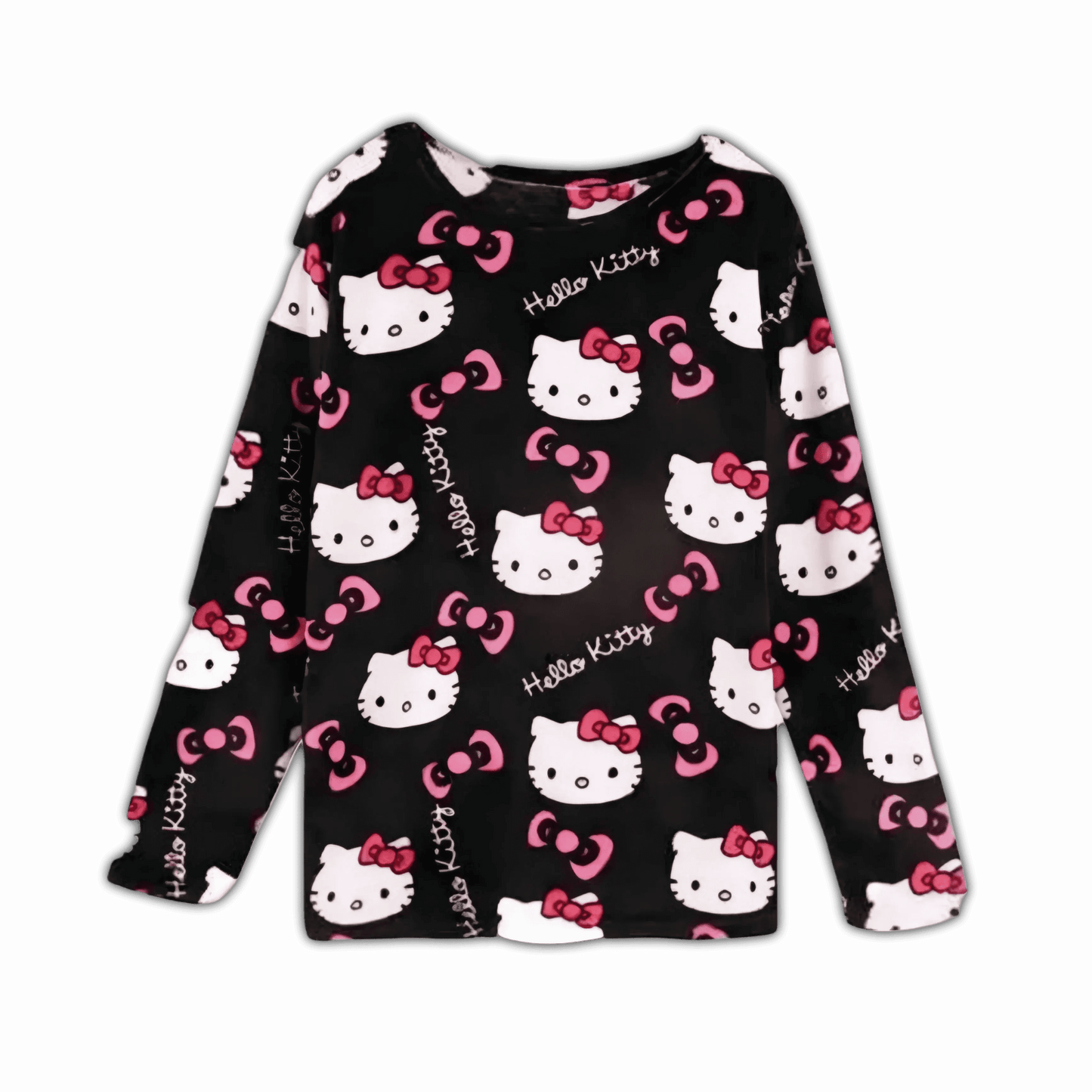 Black long-sleeve pajama top with Hello Kitty faces and pink bow pattern
