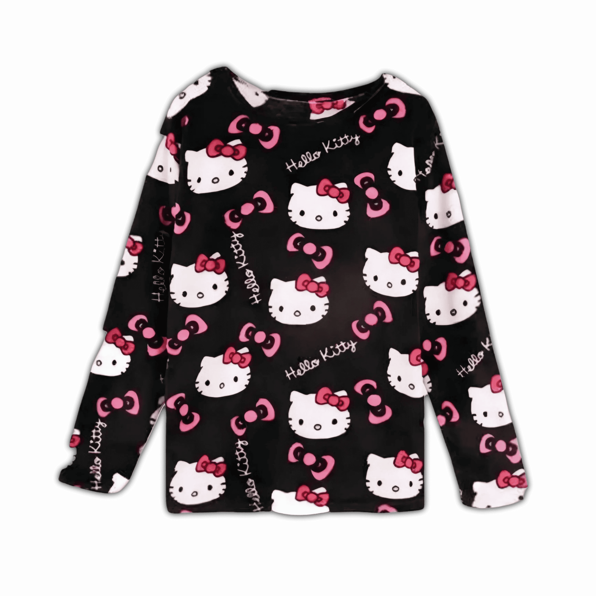 Black long-sleeve pajama top with Hello Kitty faces and pink bow pattern