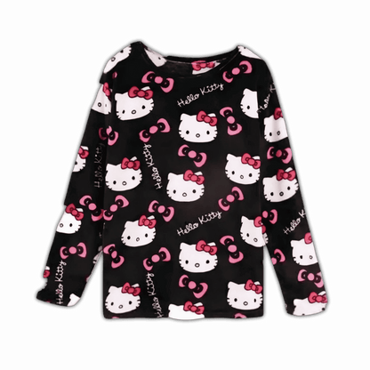 Black long-sleeve pajama top with Hello Kitty faces and pink bow pattern