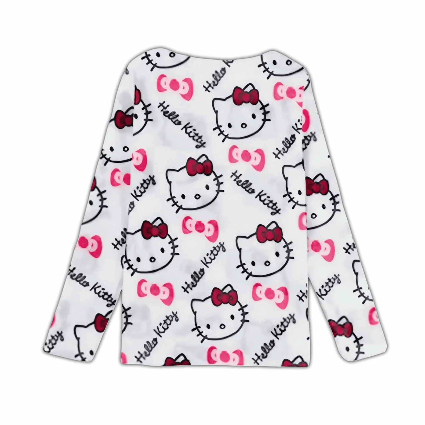 White long-sleeve pajama top with Hello Kitty faces, red bows, and pink accents