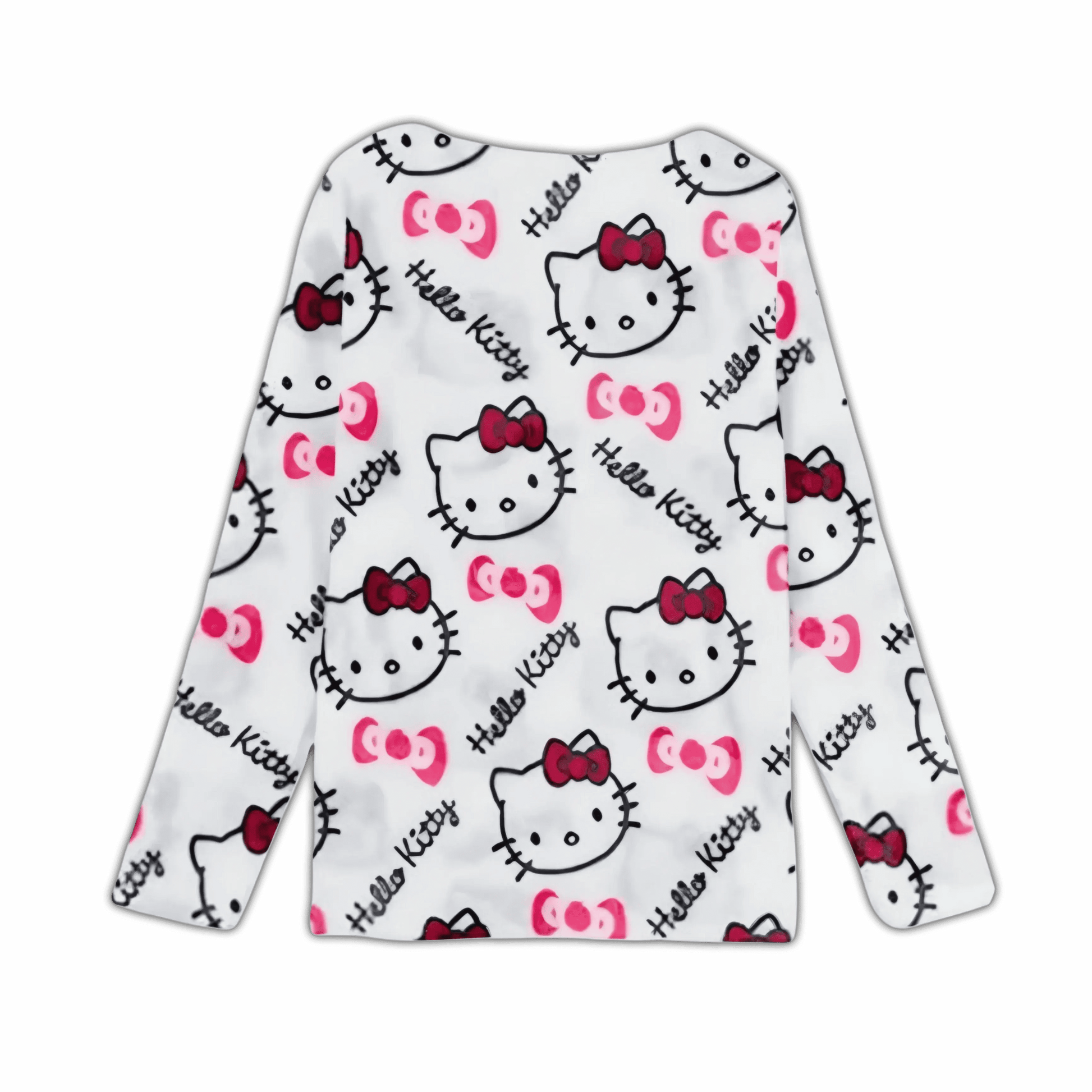 White long-sleeve pajama top with Hello Kitty faces, red bows, and pink accents