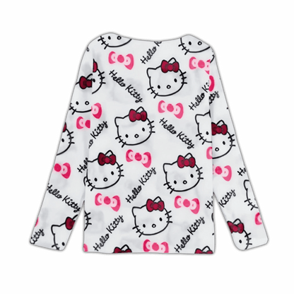 White long-sleeve pajama top with Hello Kitty faces, red bows, and pink accents