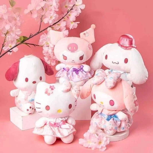 Pastel plush character set with small white and pink dolls wearing flower dresses