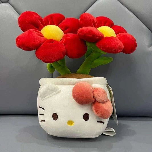 Red plush flower bouquet with green stems in a white kitty face flower pot