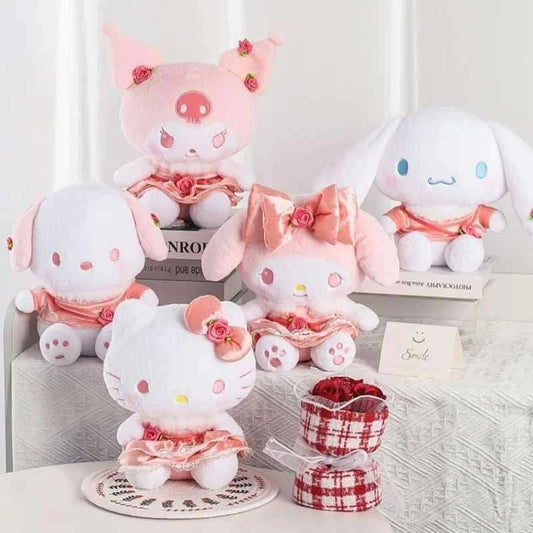 Hello Kitty rose plushie with pink ears, rose bows, and layered pink dress, soft plush.