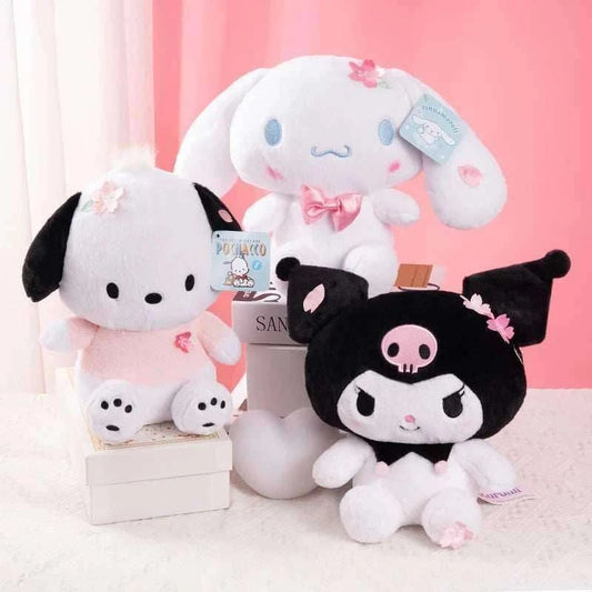 Plush toy set with white bunny and black panda-style characters