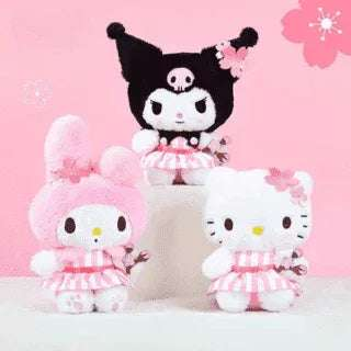 Sakura dress plushies set: Kuromi black, plus Hello Kitty and My Melody