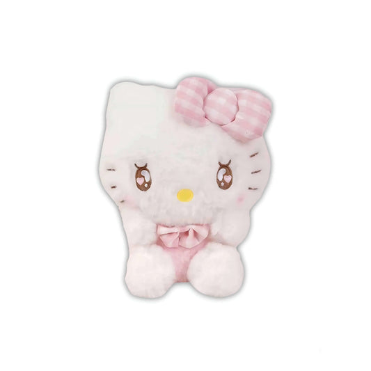 White plush rabbit with pink bow headband and striped bow tie