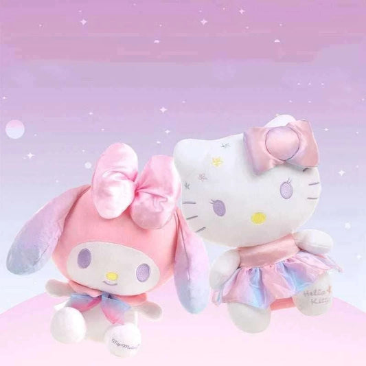 Pastel plush rabbit and cat characters with large bows and rounded faces