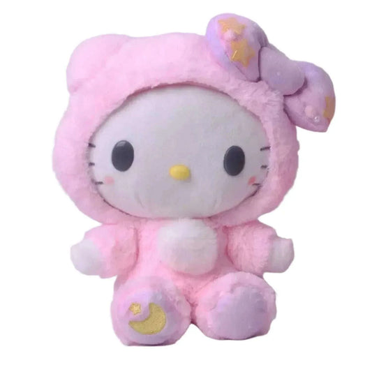 Pink plush character with hooded bear ears and moon patch, 8-inch