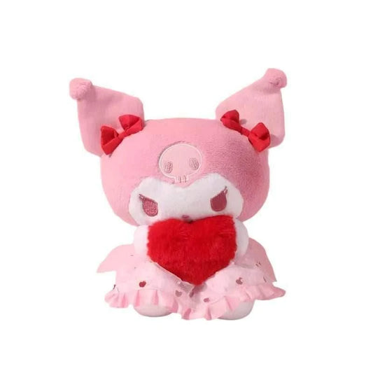 Pink plush toy with long ears, red heart outfit, and bow accents