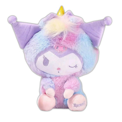 Plush unicorn character with lavender hood, rainbow mane, small horn, and soft tail