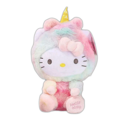 Pastel unicorn plush with gold horn, pink body, closed-eye smile and whiskers