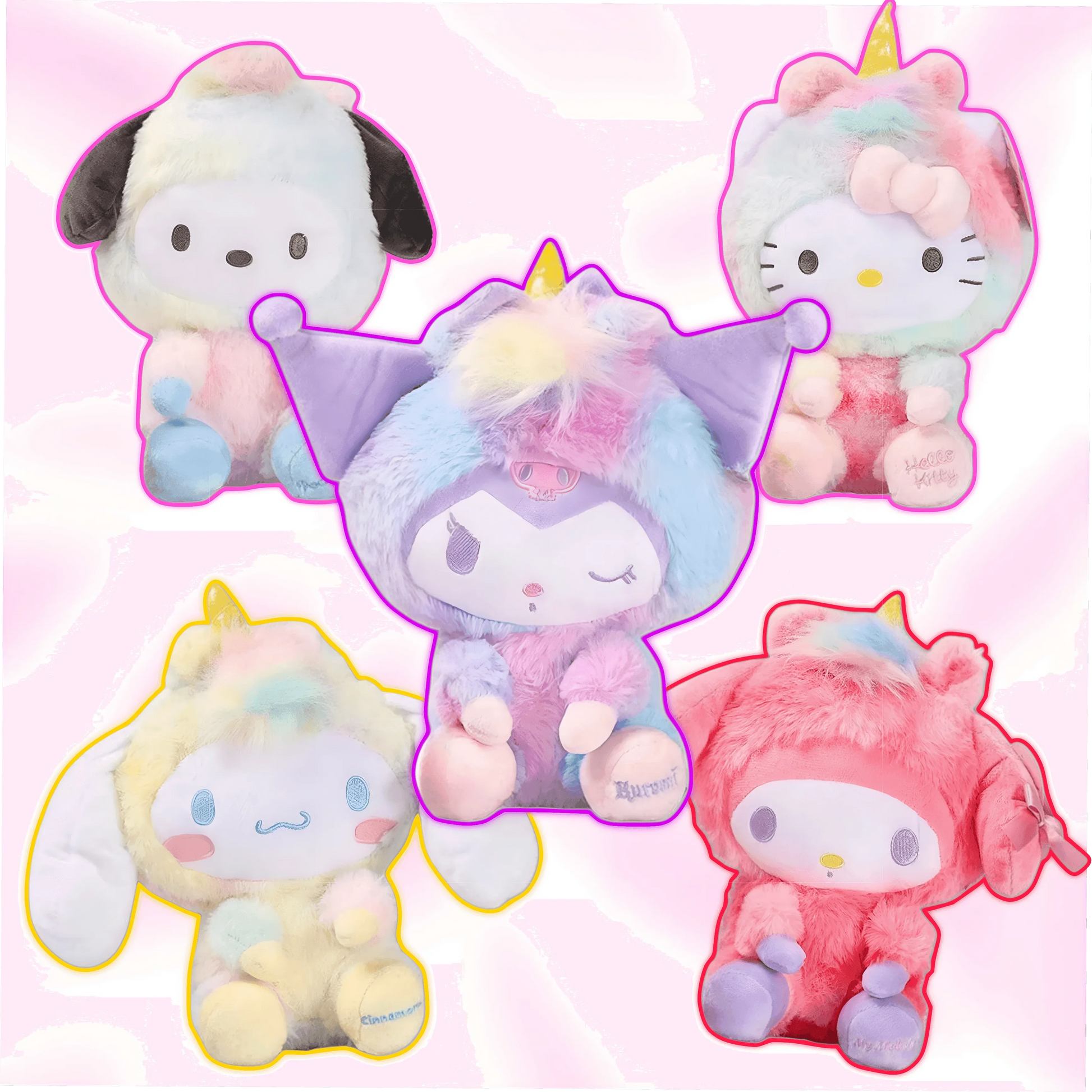 Set of five plush unicorn characters, with pastel manes and horns in multiple colors