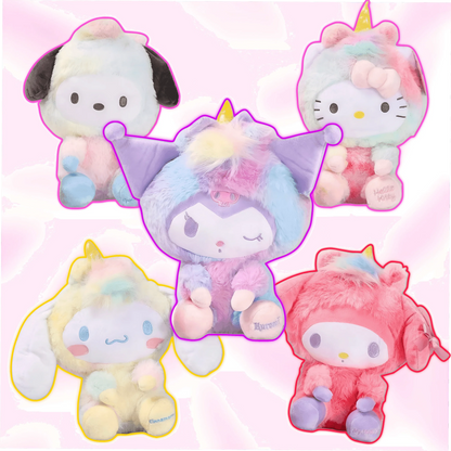 Set of five plush unicorn characters, with pastel manes and horns in multiple colors