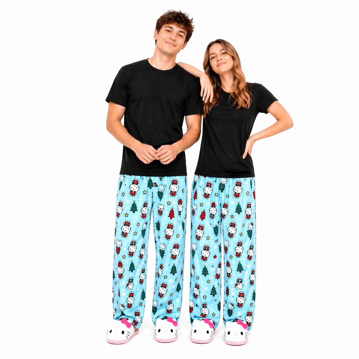 Blue pajama pants with Hello Kitty holiday prints, full-length with elastic waistband