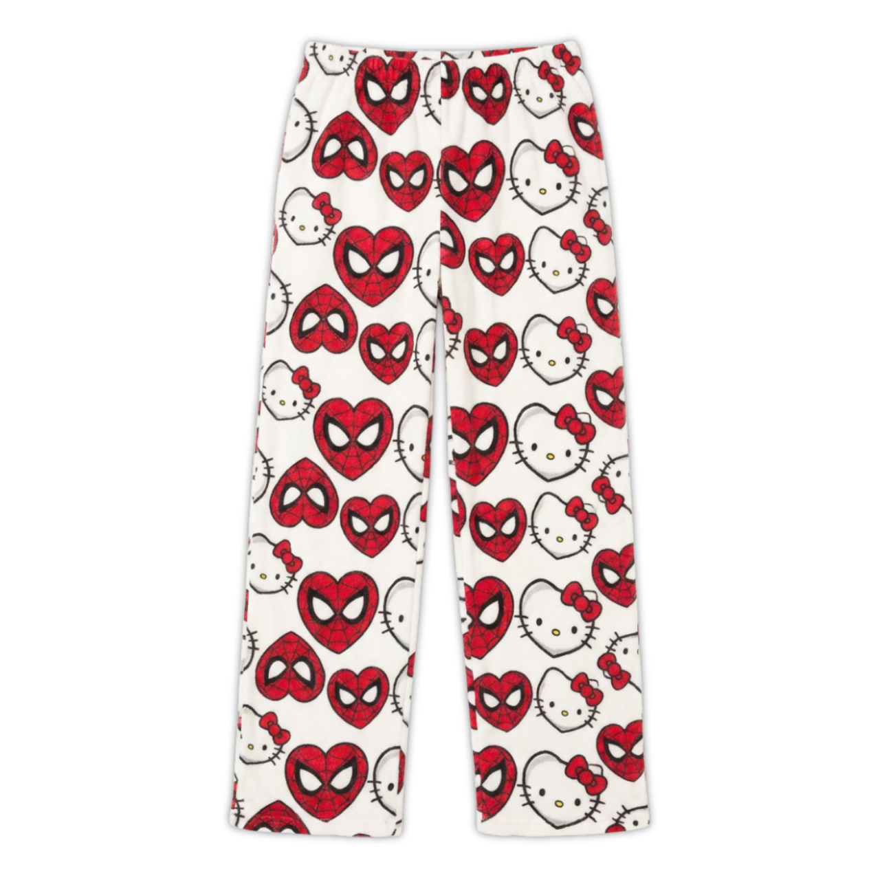 White pajama pants with Hello Kitty and Spider-Man mask pattern, red and black