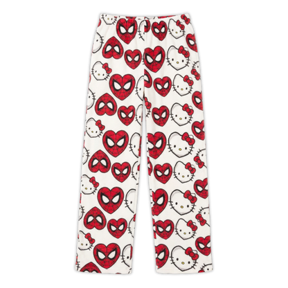 White pajama pants with Hello Kitty and Spider-Man mask pattern, red and black