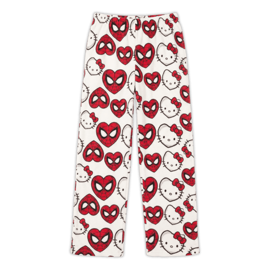 White pajama pants with Hello Kitty and Spider-Man mask pattern, red and black