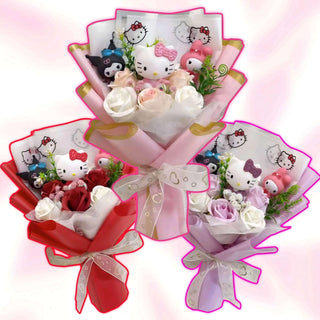 Hello Kitty blossom bouquet set of three: pink, red, and lavender wraps with roses