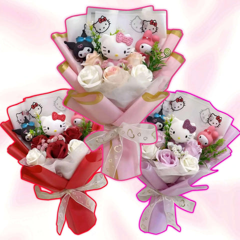 Hello Kitty blossom bouquet set of three: pink, red, and lavender wraps with roses