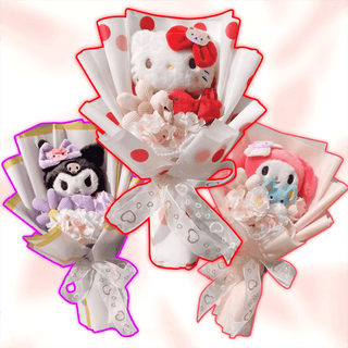 Hello Kitty plush bouquet set with multiple wrapped plush characters and ribbon bows