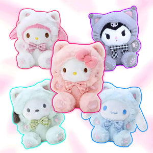 Five pastel plush cat characters in outlined shapes, front-facing with bows