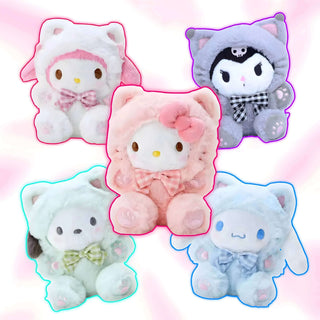 Five pastel plush cat characters in outlined shapes, front-facing with bows