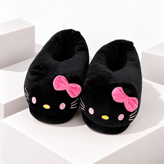 Black plush slippers with Hello Kitty face embroidery and pink bows, slip-on style