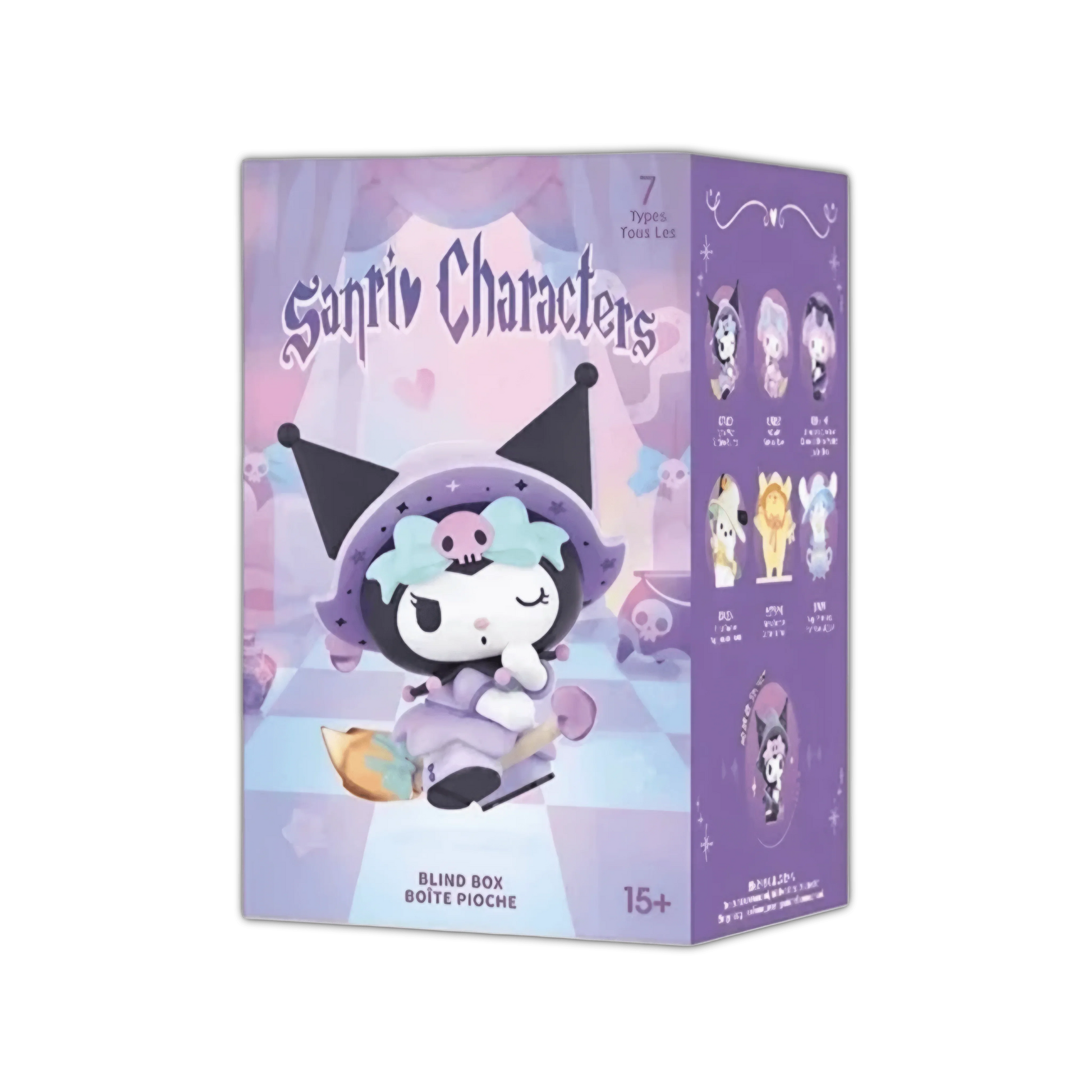 Blind box packaging with purple '7 types' panel and cartoon witch cat mascot