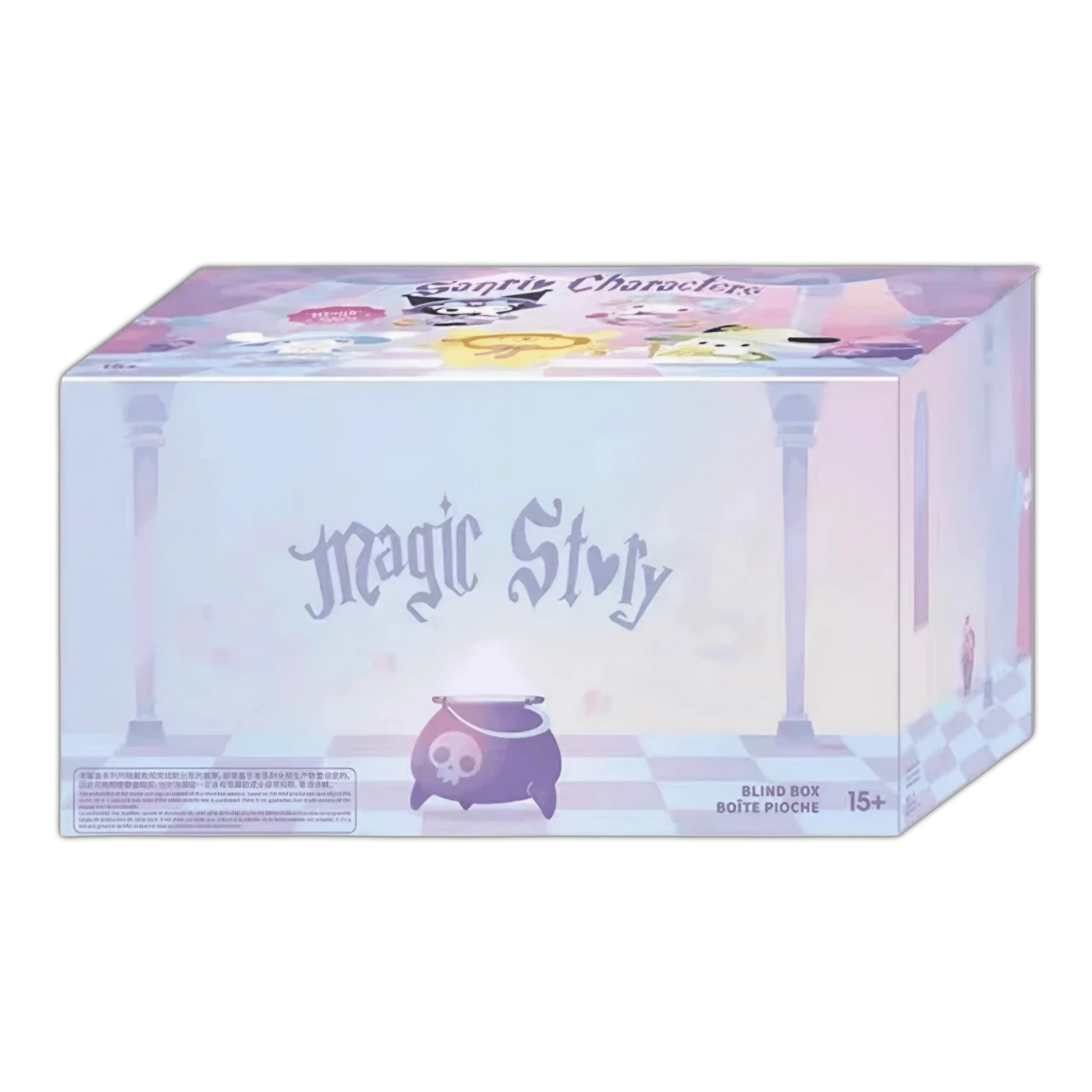 Blind box figure packaging with fantasy cauldron art and '15+' age marking