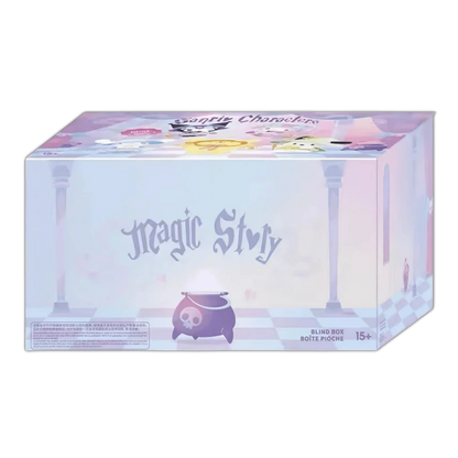 Blind box figure packaging with fantasy cauldron art and '15+' age marking
