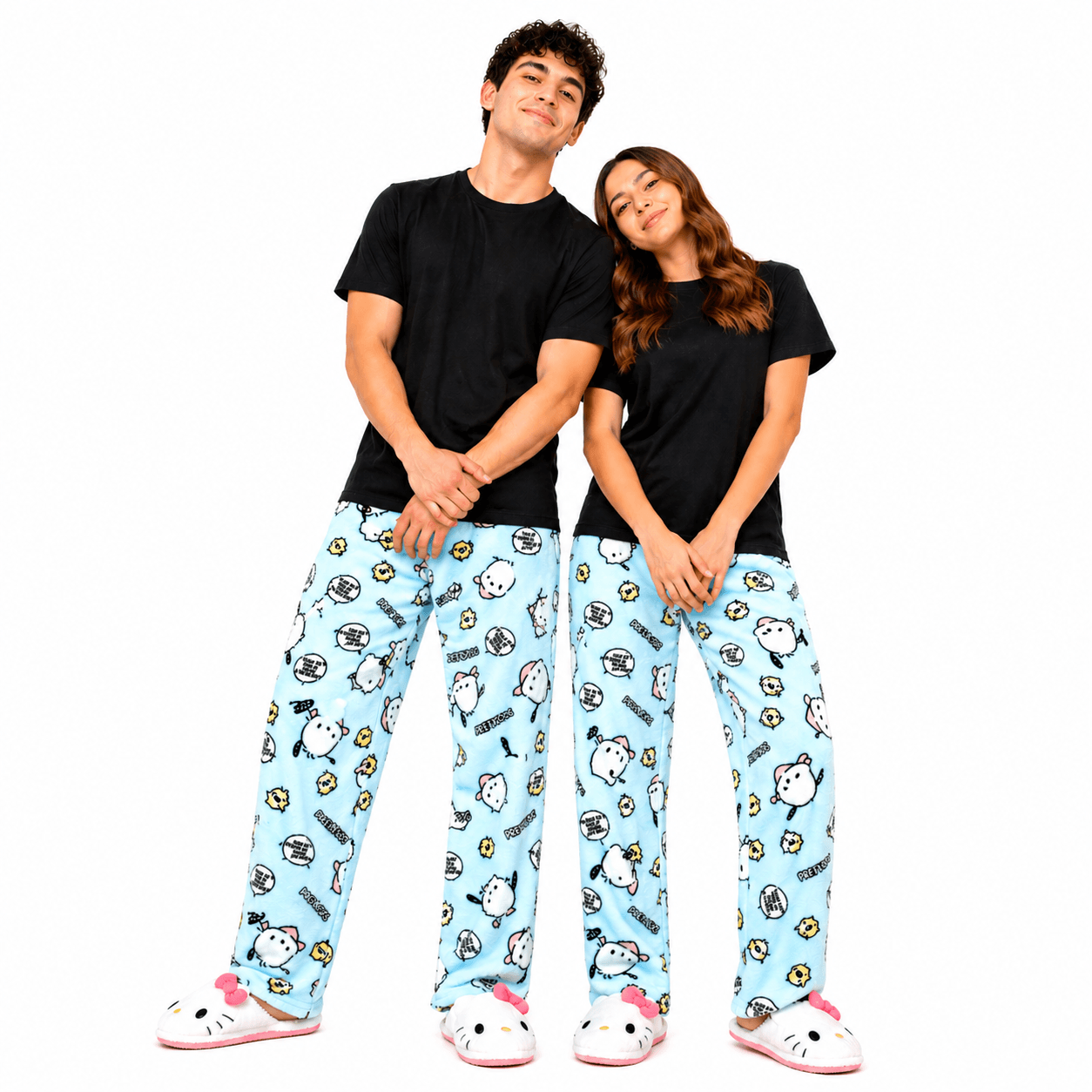 Blue pajama pants with scattered cartoon dog prints and elastic waist