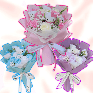 Cat-themed bouquet with pink and lavender flowers in layered wrap