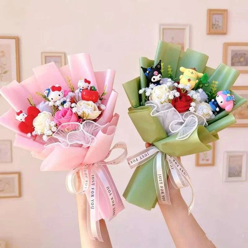 Handheld plush character bouquet with artificial flowers, pink and green wrapping paper
