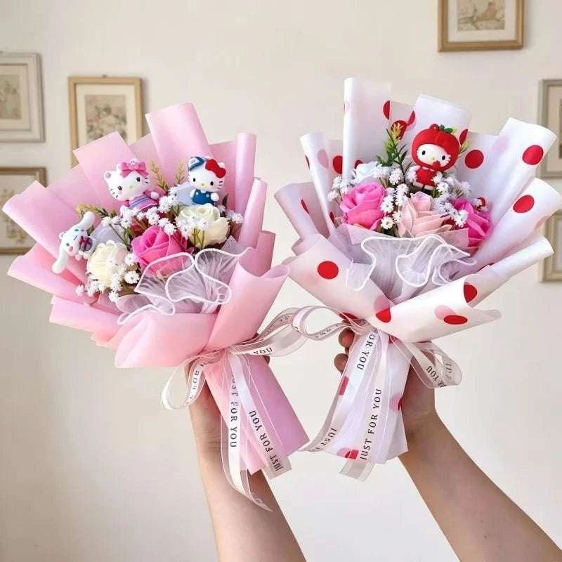 Handheld plush Hello Kitty bouquet with artificial flowers, white wrap with red dot accents