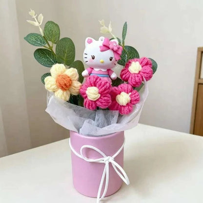 Plush flower arrangement with Hello Kitty plush and pink, red crocheted flowers