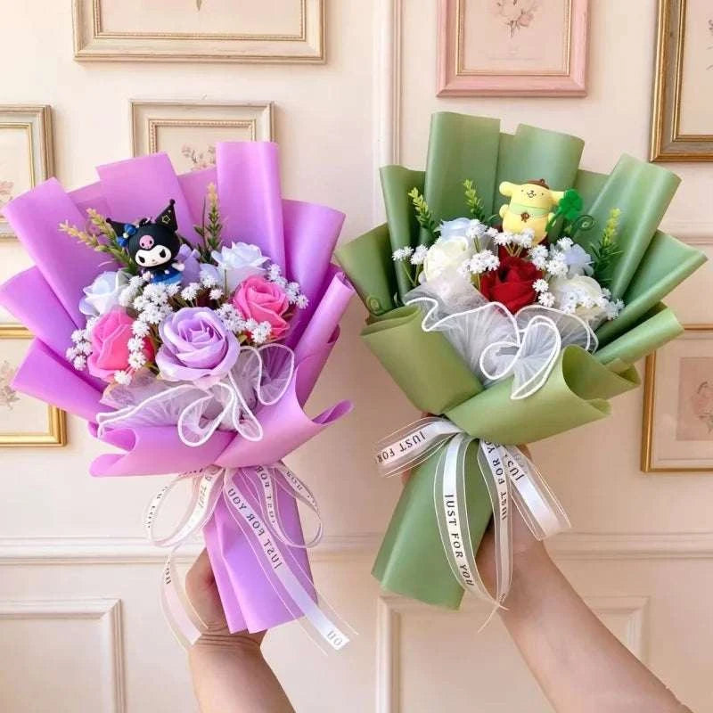 Handheld artificial flower bouquet with plush characters, purple and green wrapping paper