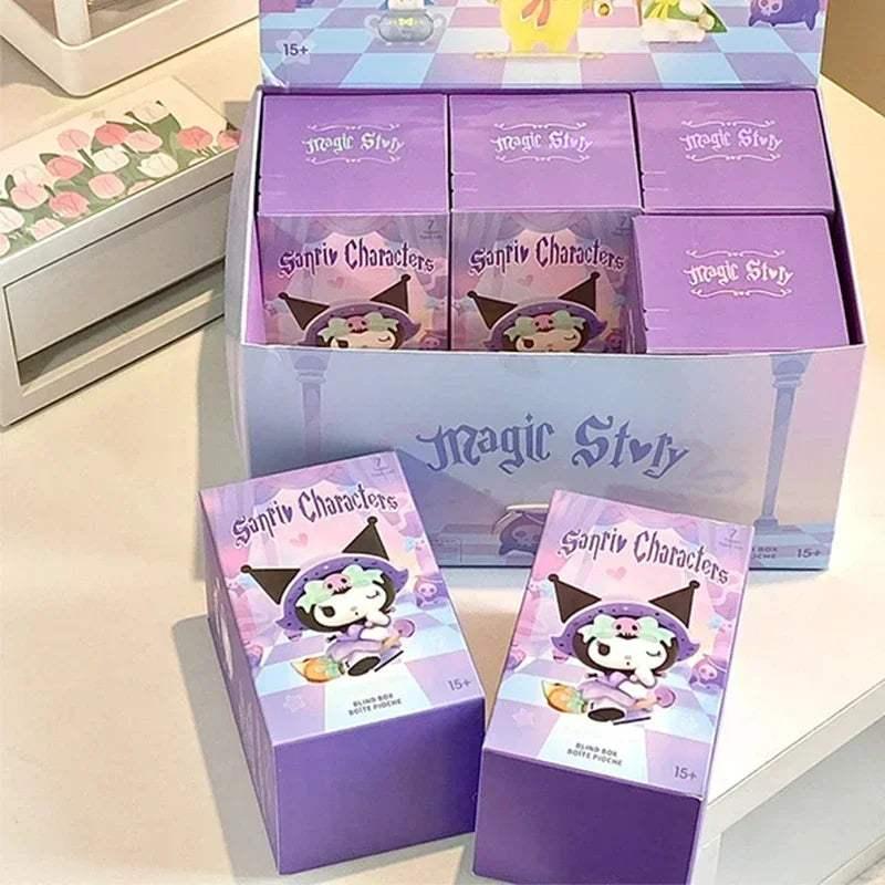 Magic Story blind box packaging with purple boxes and character cards shown on a shelf.